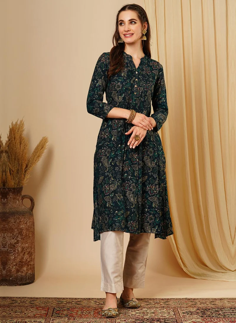 globus Globus Women Floral Printed Mandarin Collar Pleated A-Line Workwear Kurta